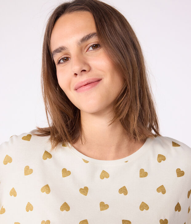 Pyjama femme en coton imprim&eacute; c&oelig;urs dor&eacute;s &eacute;cru/jaune
