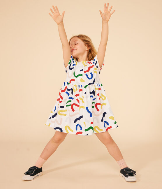 Robe imprimée manches courtes en coton enfant fille blanc MARSHMALLOW/blanc MULTICO