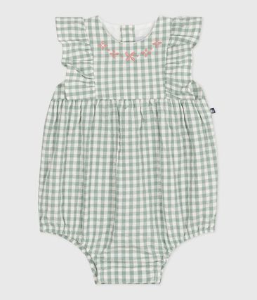 Barboteuse bébé en coton sans manches, imprimé vichy et col brodé