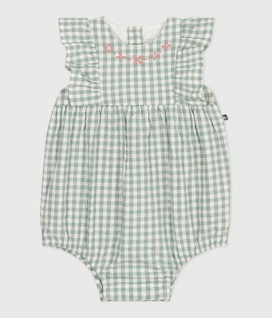 Barboteuse bébé en coton sans manches, imprimé vichy et col brodé bleu PAUL/blanc MARSHMALLOW