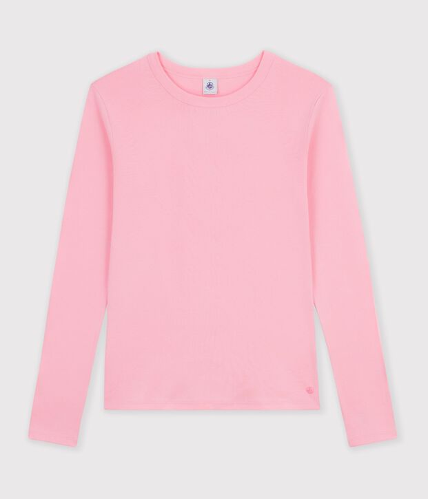 Tee-shirt femme en coton manches longue uni rose clair