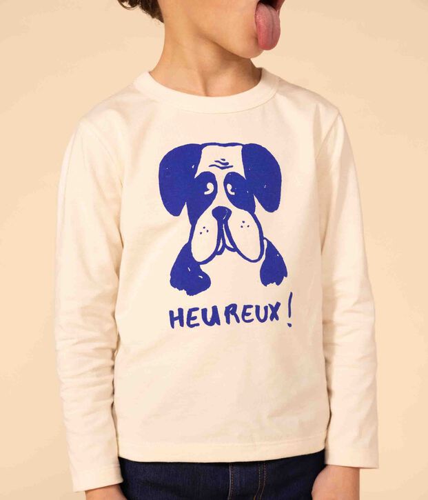 Tee-shirt manches longues en coton enfant fille / gar&ccedil;on &eacute;cru/bleu