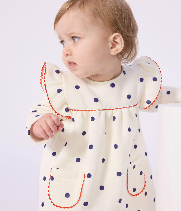 Robe b&eacute;b&eacute; en coton manches longues, imprim&eacute;e pois bleu/bleu