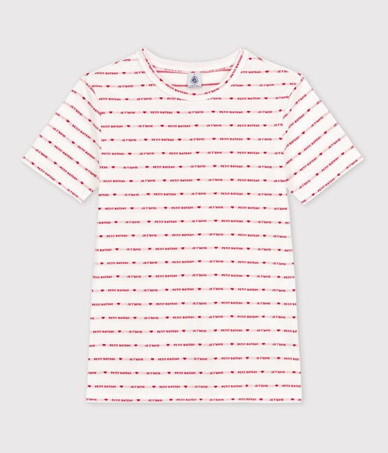 Tee-shirt L'ICONIQUE col rond en coton bio Femme blanc MARSHMALLOW/rouge TERKUIT