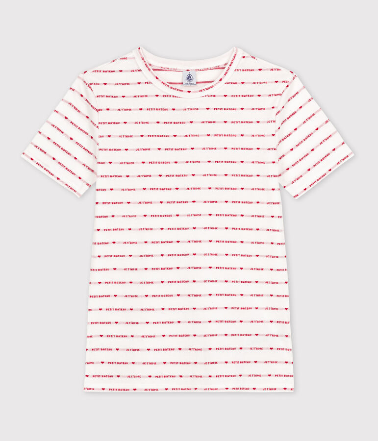 Tee-shirt L'ICONIQUE col rond en coton bio Femme blanc MARSHMALLOW/rouge TERKUIT