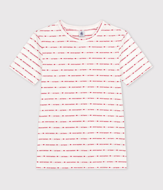 Tee-shirt L'ICONIQUE col rond en coton bio Femme blanc MARSHMALLOW/rouge TERKUIT