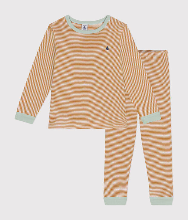 Pyjama en coton ray&eacute; enfant marron/blanc