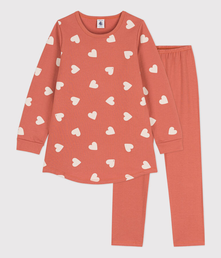Chemise de nuit et legging c&oelig;ur petite fille en molleton et en coton rose/&eacute;cru