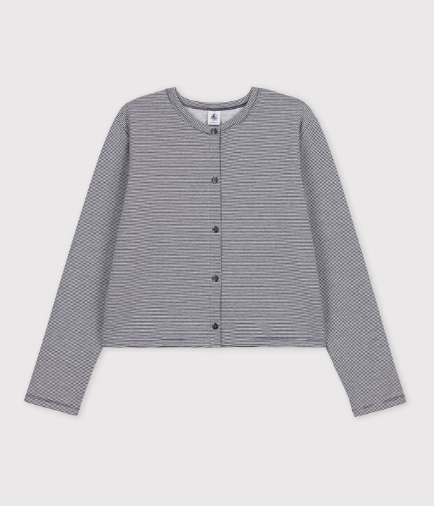 Cardigan &agrave; pressions en coton &eacute;pais Femme bleu/blanc