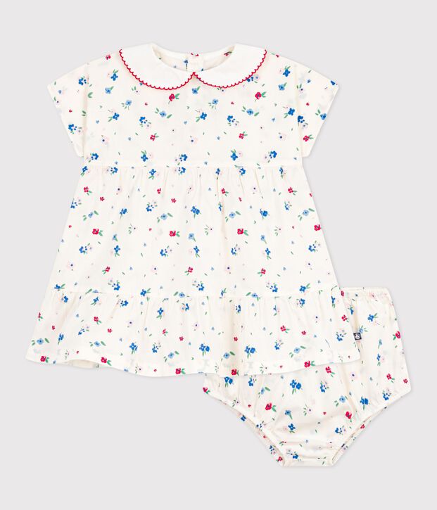 Robe b&eacute;b&eacute; en coton manches courtes et son bloomer imprim&eacute;s fleurs blanc/multicouleur