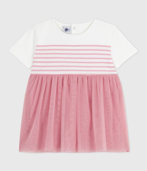 Robe bébé coton et tulle manches courtes, haut rayé blanc MARSHMALLOW/rose CHARME