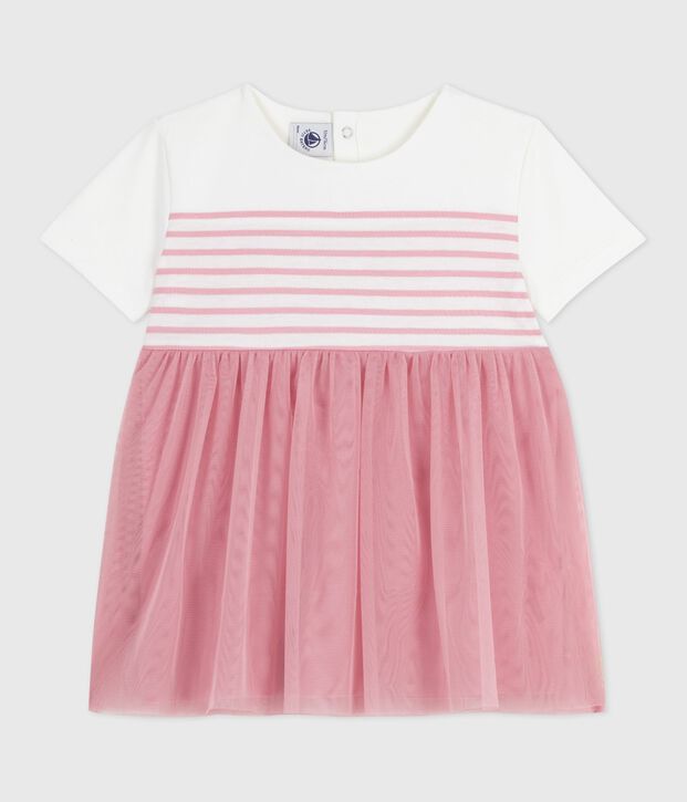 Robe b&eacute;b&eacute; coton et tulle manches courtes, haut ray&eacute; blanc/rose