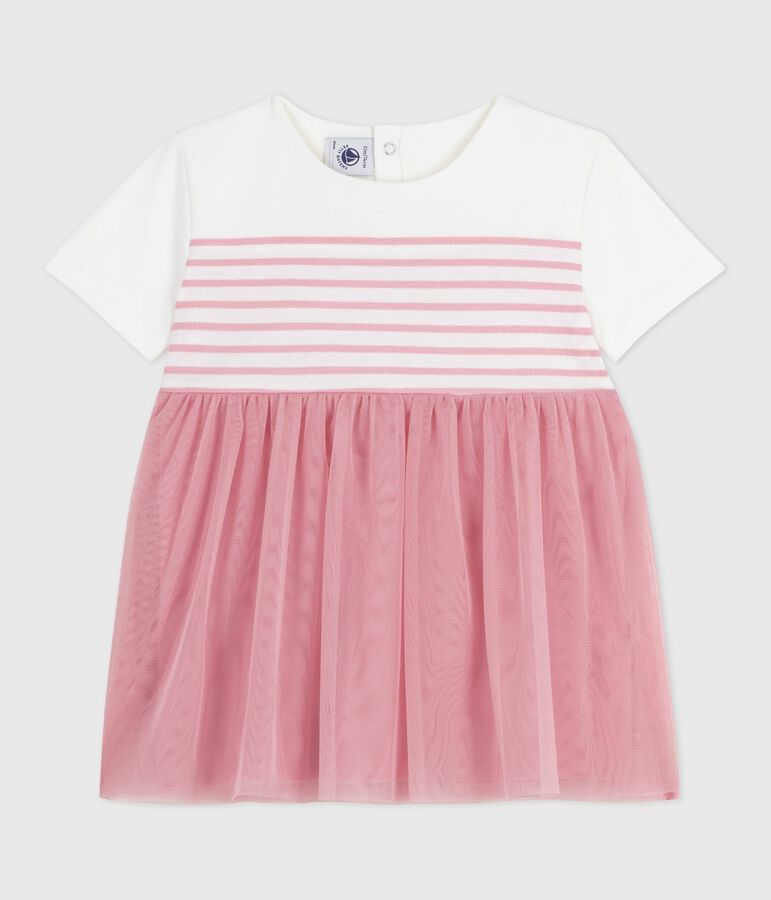 Robe b&eacute;b&eacute; coton et tulle manches courtes, haut ray&eacute; blanc MARSHMALLOW/rose CHARME