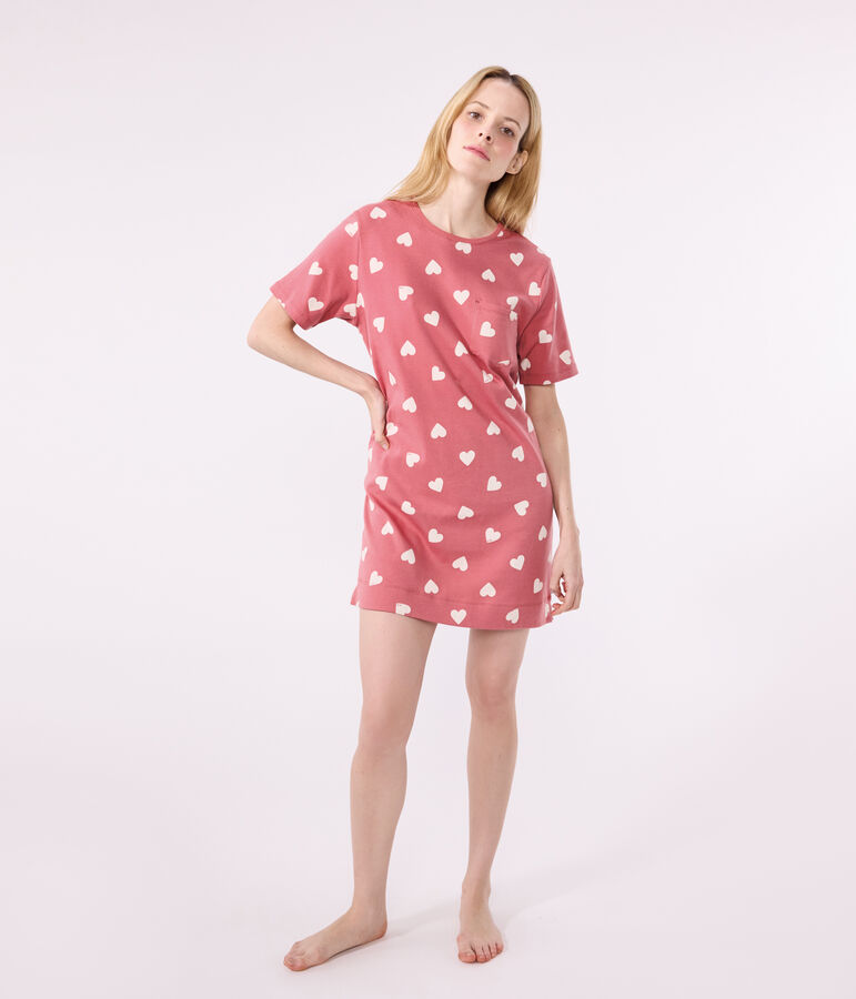 Chemise de nuit femme manches courtes imprim&eacute; c&oelig;urs rose ROSEWOOD/ MARSHMALLOW
