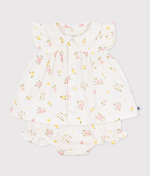 Ensemble 2 pi&egrave;ces b&eacute;b&eacute; en coton, blouse et bloomer imprim&eacute;s fleurs blanc/multicouleur