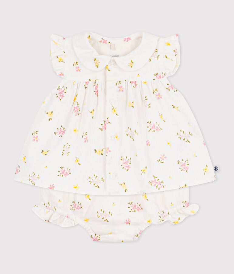 Ensemble 2 pi&egrave;ces b&eacute;b&eacute; en coton, blouse et bloomer imprim&eacute;s fleurs blanc MARSHMALLOW/blanc MULTICO