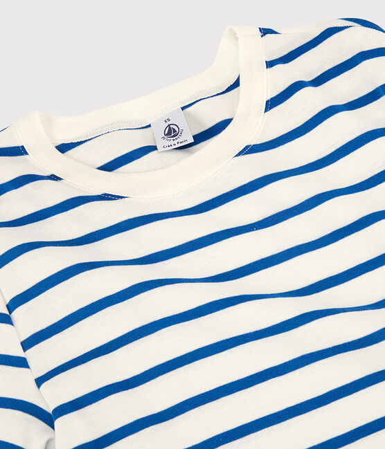 Tee-shirt L'ICONIQUE col rond en coton bio Femme blanc MARSHMALLOW/bleu DELFT