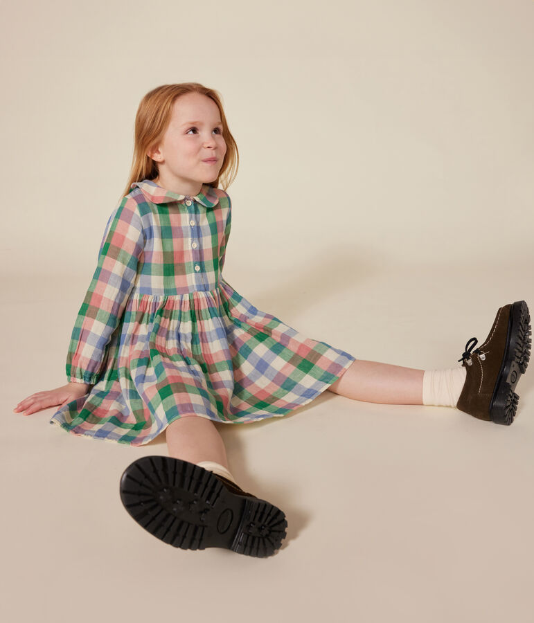 Robe manches longues en gaze de coton enfant fille &eacute;cru/multicouleur