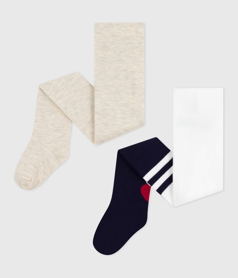 Lot de 2 collants b&eacute;b&eacute; en coton unis et motif c&oelig;ur bleu SOIR/ MONTELIMAR