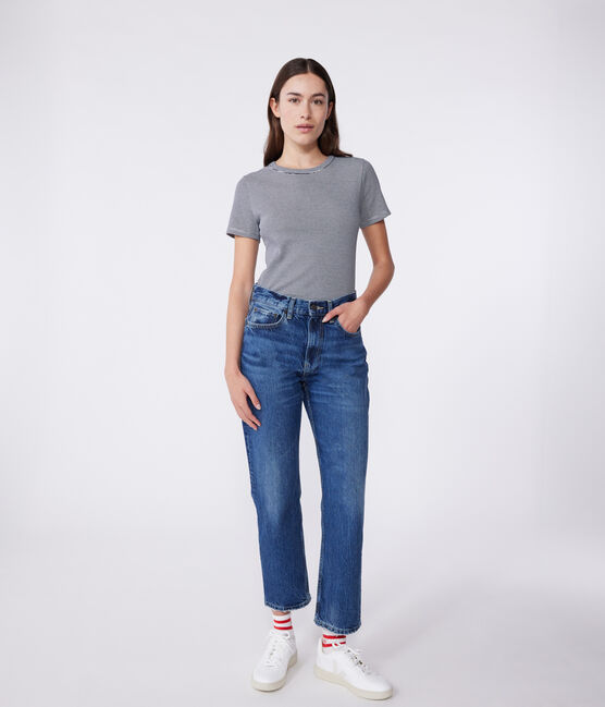 Tee-shirt L'ICONIQUE col rond en coton Femme bleu SMOKING/blanc MARSHMALLOW