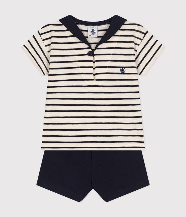 Ensemble tee-shirt et short en jersey b&eacute;b&eacute; &eacute;cru/bleu
