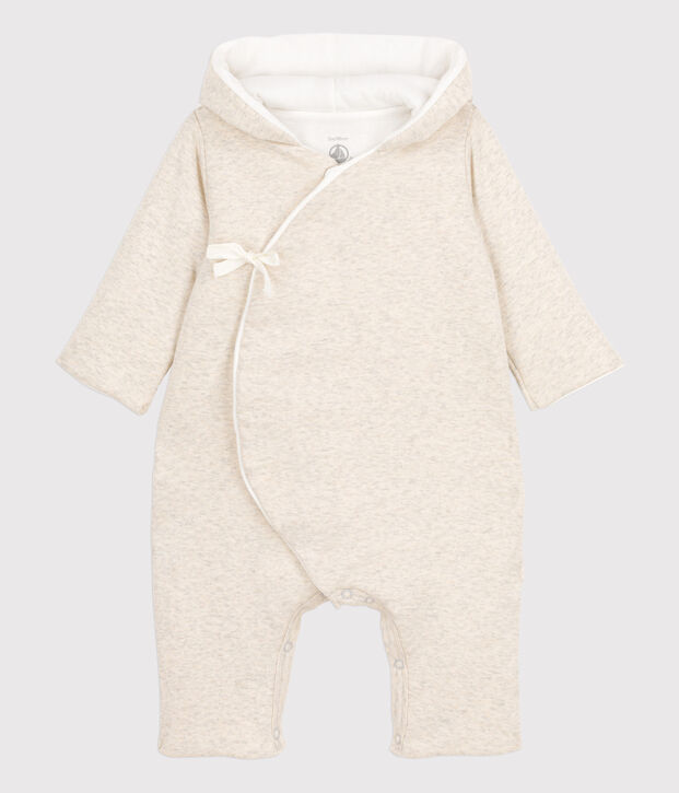 Combinaison longue grise chin&eacute;e &agrave; capuche b&eacute;b&eacute; en coton biologique beige chin&eacute;