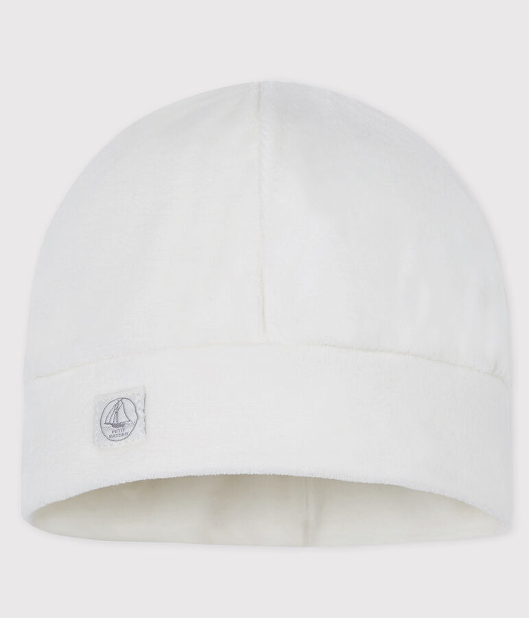 Bonnet naissance b&eacute;b&eacute; en velours blanc