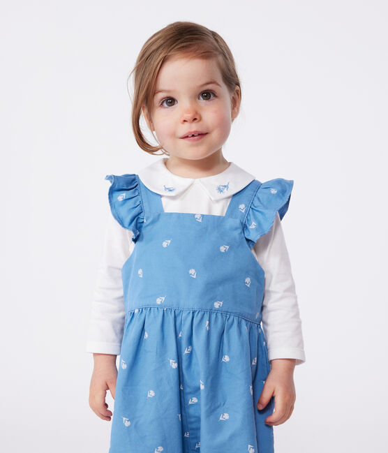 Salopette bébé en coton jambes longues, brodée de fleurs bleu ALASKA/blanc MARSHMALLOW