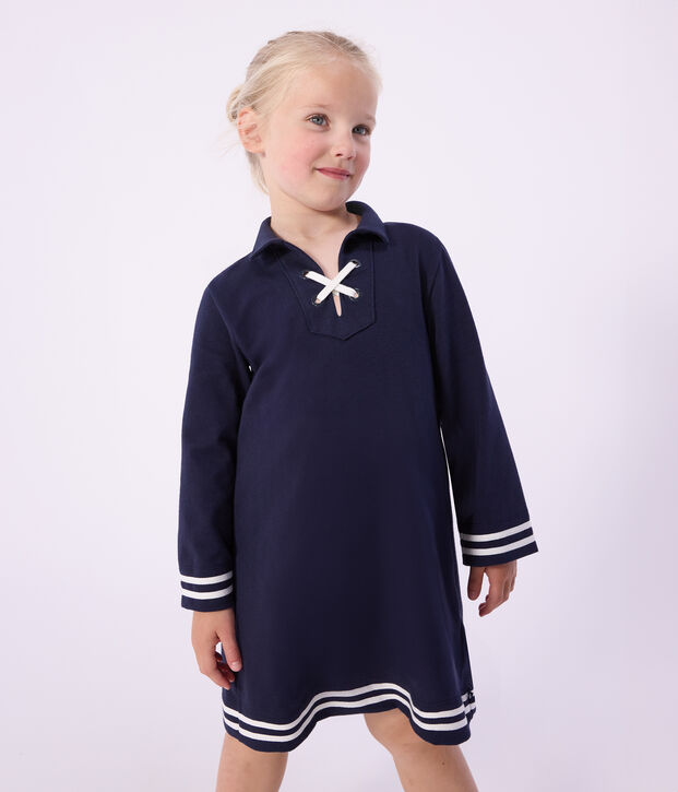 Robe enfant manches longue en coton uni bleu marine