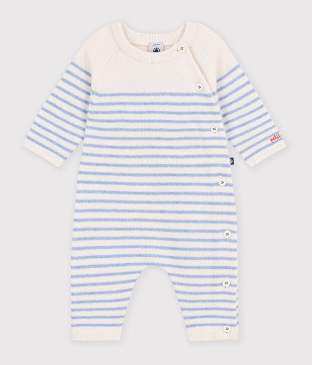 Combinaison b&eacute;b&eacute; en tricot laine et coton &agrave; rayures bleu/bleu