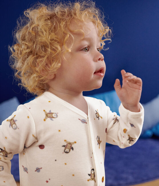 Pyjama en velours imprimé petit pingouin dans l'espace bébé blanc MARSHMALLOW/blanc MULTICO