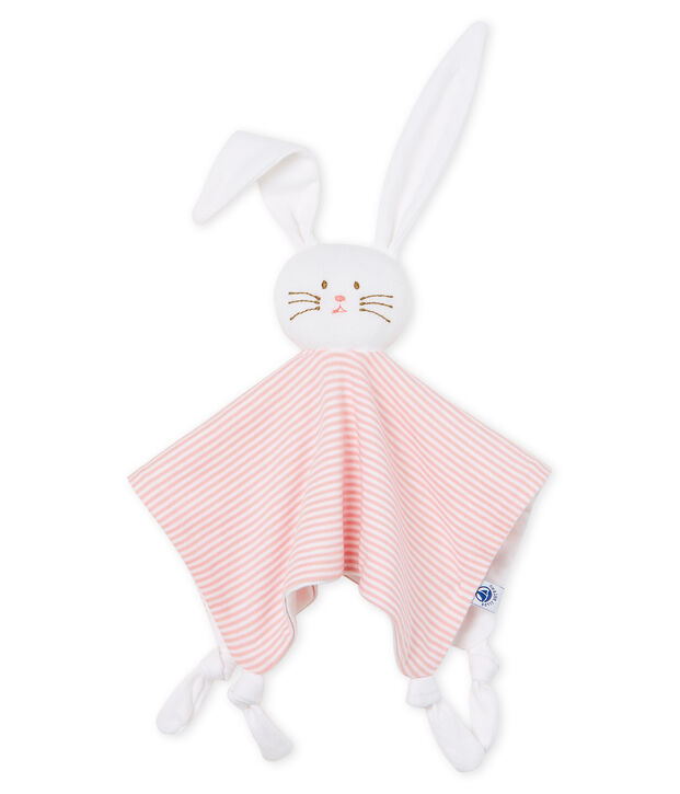 Doudou lapin b&eacute;b&eacute; en c&ocirc;te rose/blanc
