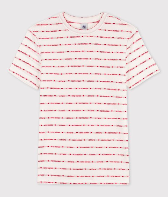 Tee-shirt L'ICONIQUE col rond en coton bio Femme blanc MARSHMALLOW/rouge TERKUIT