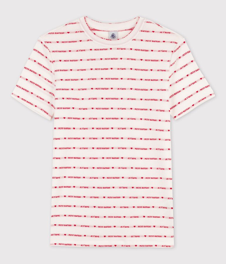 Tee-shirt L'ICONIQUE col rond en coton bio Femme blanc MARSHMALLOW/rouge TERKUIT
