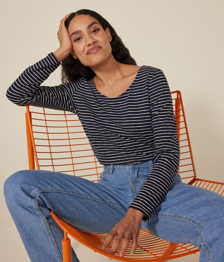 Tee-shirt Le Droit manches longues col danseuse en jersey flamm&eacute; femme bleu/beige