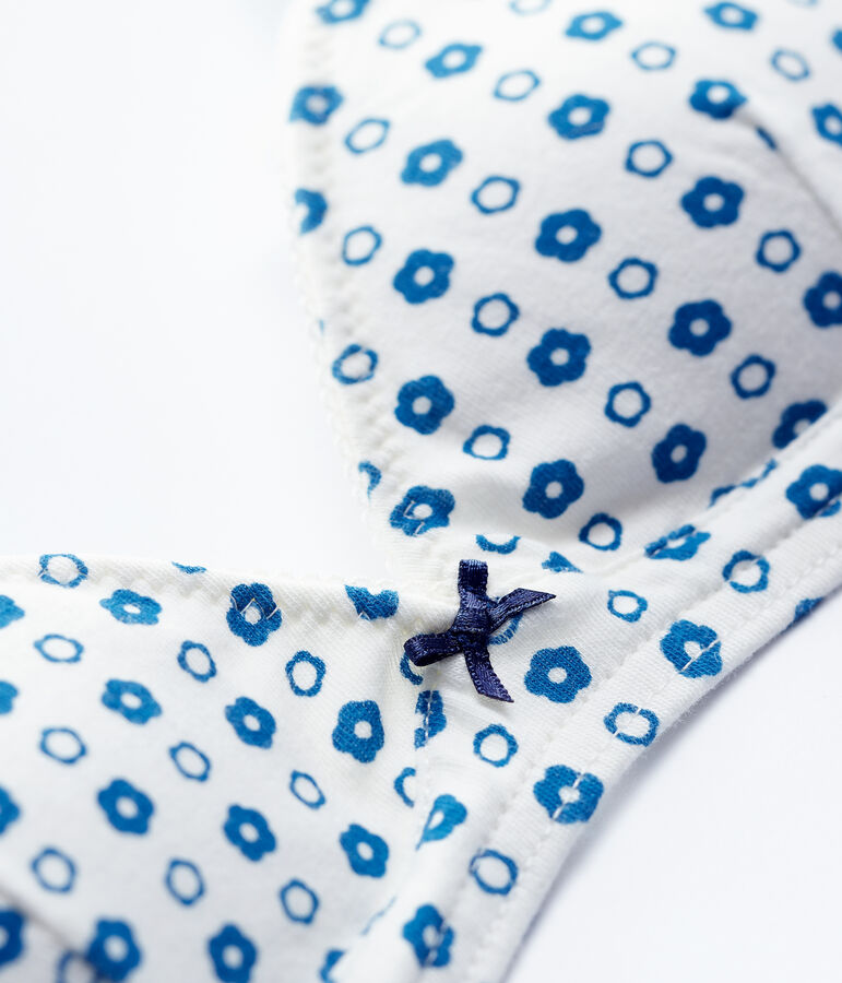 Soutien-gorge padd&eacute; imprim&eacute; fleur graphique fille en coton biologique et &eacute;lasthanne blanc/bleu