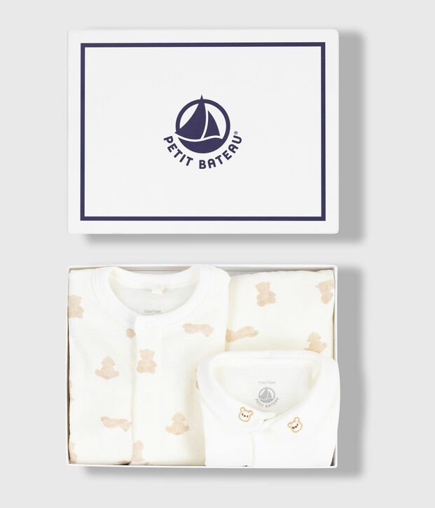 Ensemble cadeau 3 pi&egrave;ces b&eacute;b&eacute; imprim&eacute; ourson en coton blanc/BRUN
