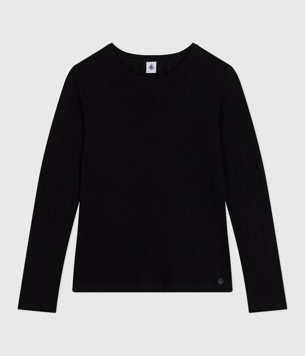 Tee-shirt femme l'iconique en coton ajour&eacute; manches longues noir