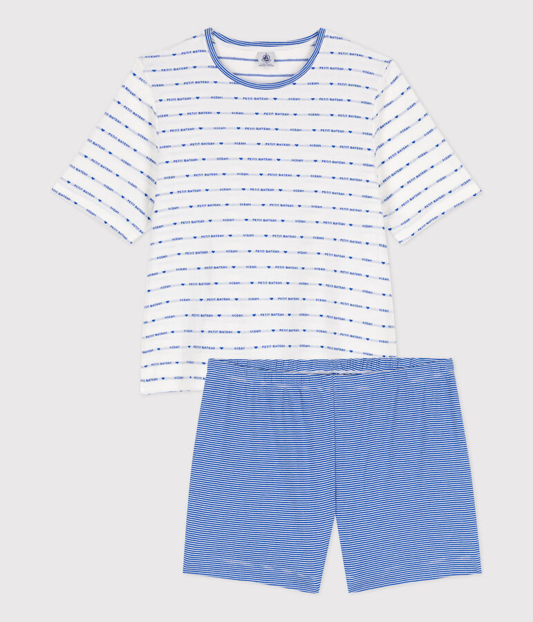 Pyjacourt en coton femme blanc MARSHMALLOW/bleu PERSE