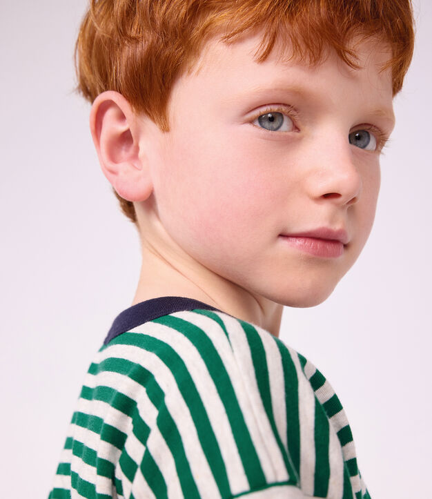Tee-shirt enfant manches longues &agrave; rayures vert/beige/vert