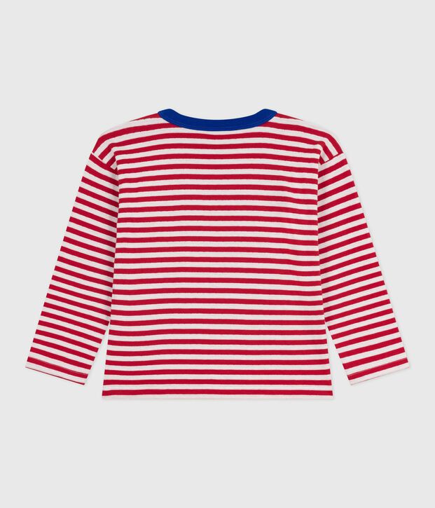 Tee-shirt enfant manches longues en coton ray&eacute; rouge/&eacute;cru