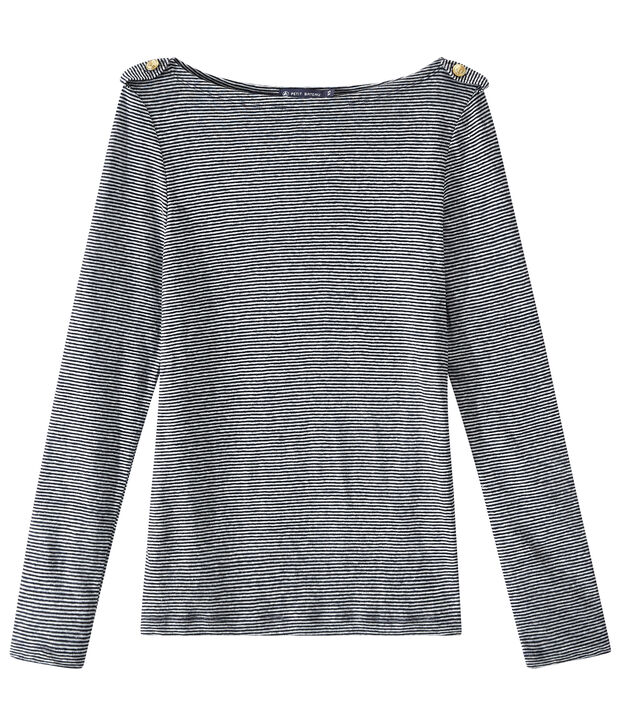 T-shirt femme manches longues en lin ray&eacute; bleu/blanc