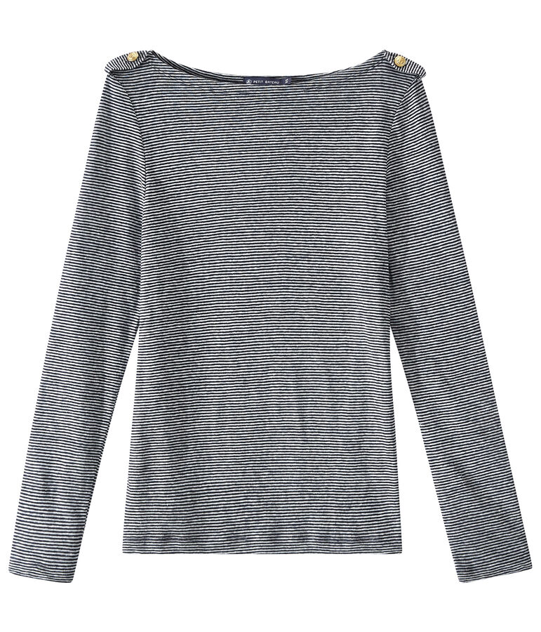 T-shirt femme manches longues en lin ray&eacute; bleu/blanc