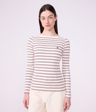 Tee-shirt femme col amiral en coton manches longues à rayures