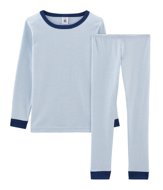 Pyjama petit garçon coupe très ajustée en côte bleu ACIER/blanc MARSHMALLOW