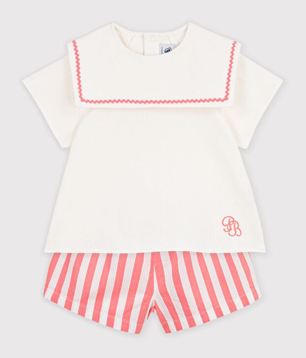 Ensemble b&eacute;b&eacute; 2 pi&egrave;ces en coton/lin, haut col marin rose/blanc