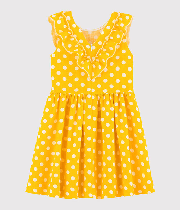 Robe manches courtes en lin enfant fille jaune/blanc