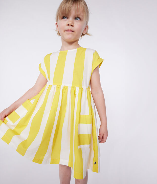 Robe enfant en coton manches courtes &agrave; rayures blanc/jaune