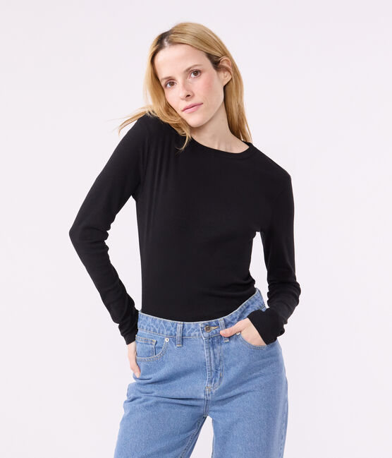 Tee-shirt l'Iconique manches longues en côte unie femme noir BLACK