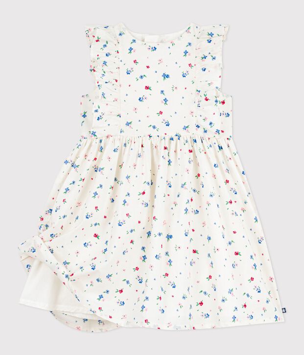 Robe sans manches enfant en coton imprim&eacute;e fleurs blanc/multicouleur
